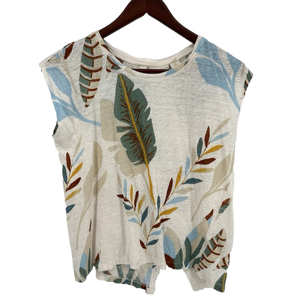Cynthia Rowley Linen Top Womens M Cream Floral Coastal Boho Resort Natural